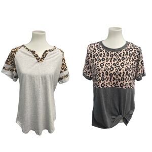 Lot of 2 Womens Large Leopard Spot PolyCotton Short Sleeve Tee Shirts